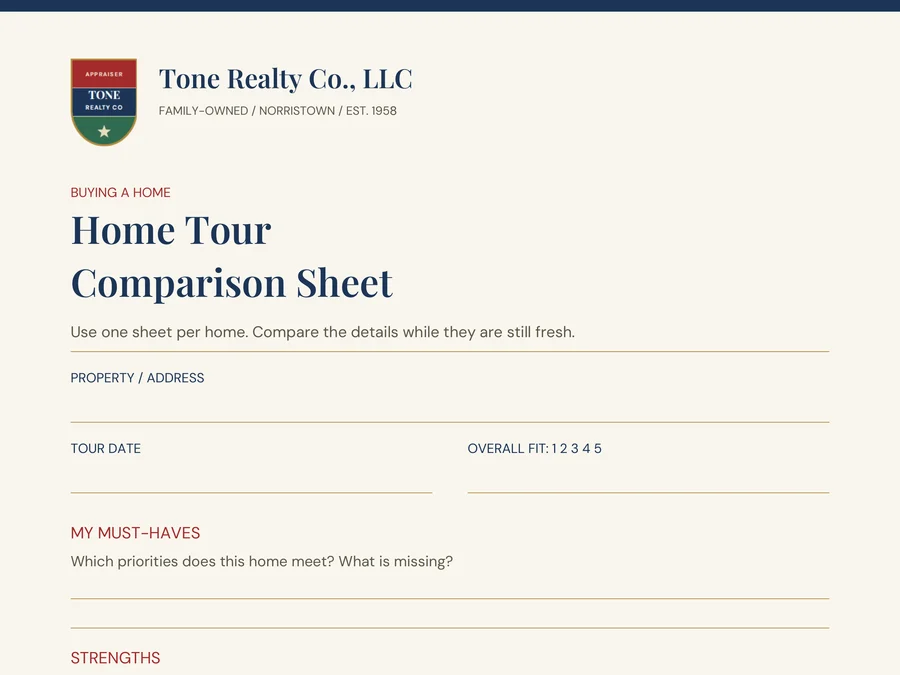 Preview of the Home Tour Comparison Sheet guide from Tone Realty Co.