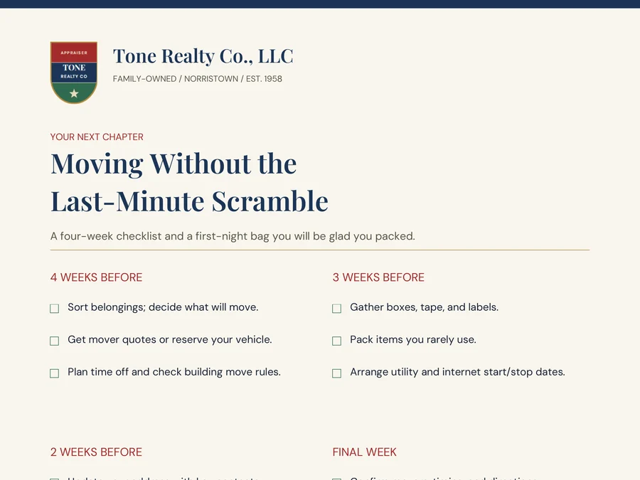 Preview of the Moving Without the Last-Minute Scramble guide from Tone Realty Co.