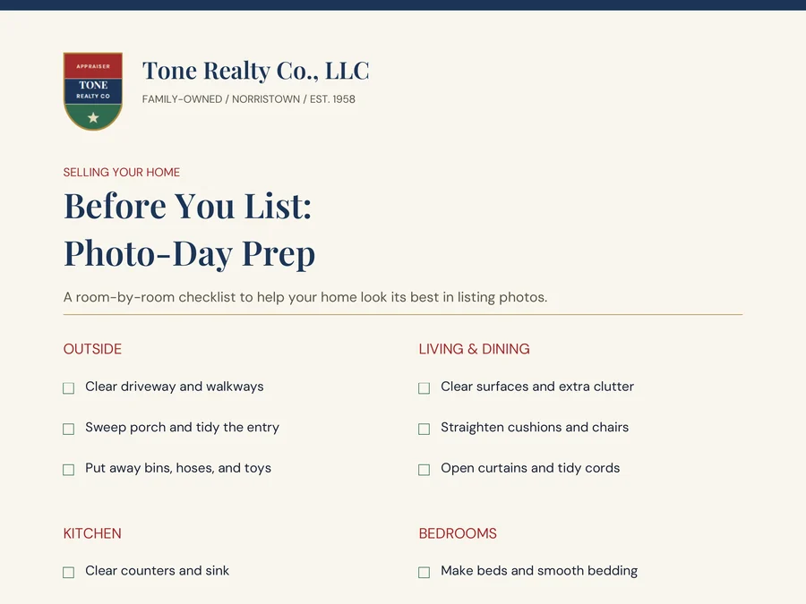 Preview of the Before You List: Photo-Day Prep guide from Tone Realty Co.